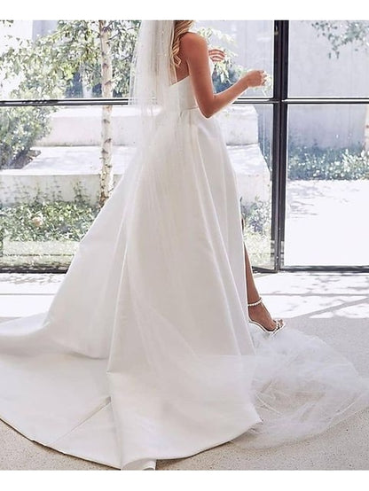 Engagement Sexy Wedding Dresses A-Line Sweetheart Strapless Court Train Satin Bridal Gowns With Split Front 2023 Summer Wedding Party, Women's Clothing - LuckyFash™