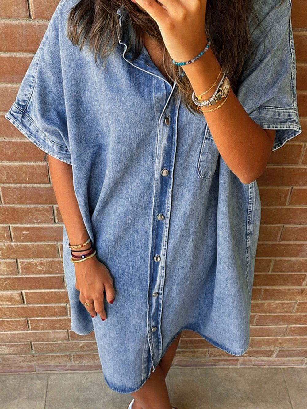 Chambray Denim Midi Dress in Light Blue