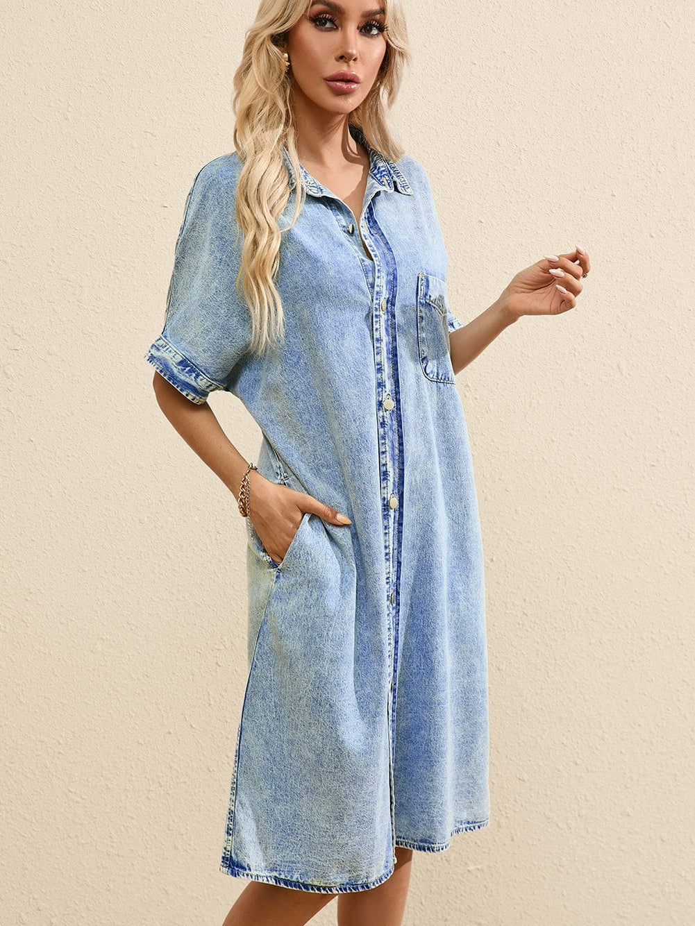 Chambray Denim Midi Dress in Light Blue