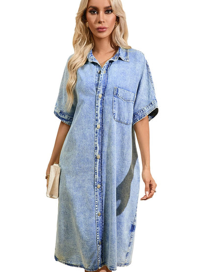 Chambray Denim Midi Dress in Light Blue