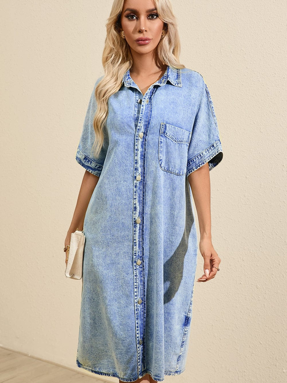 Chambray Denim Midi Dress in Light Blue