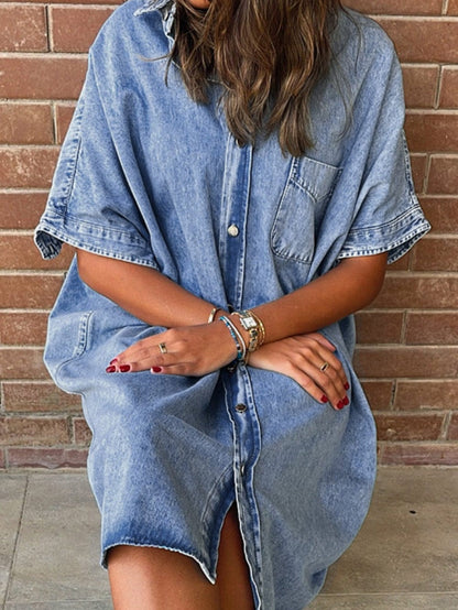 Chambray Denim Midi Dress in Light Blue