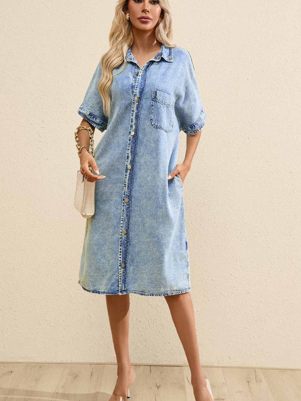 Chambray Denim Midi Dress in Light Blue