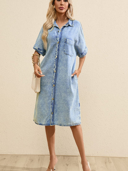Chambray Denim Midi Dress in Light Blue