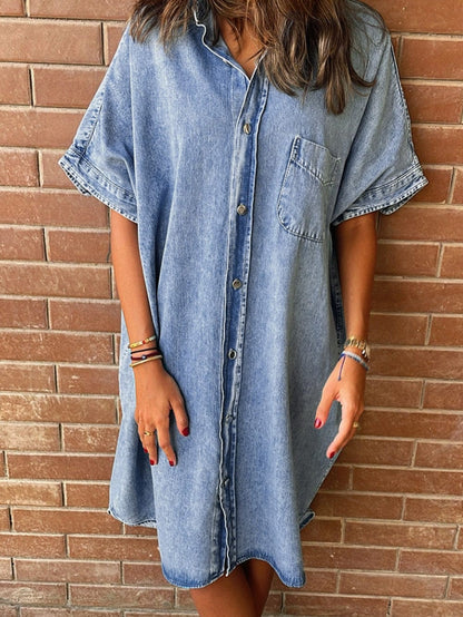 Chambray Denim Midi Dress in Light Blue