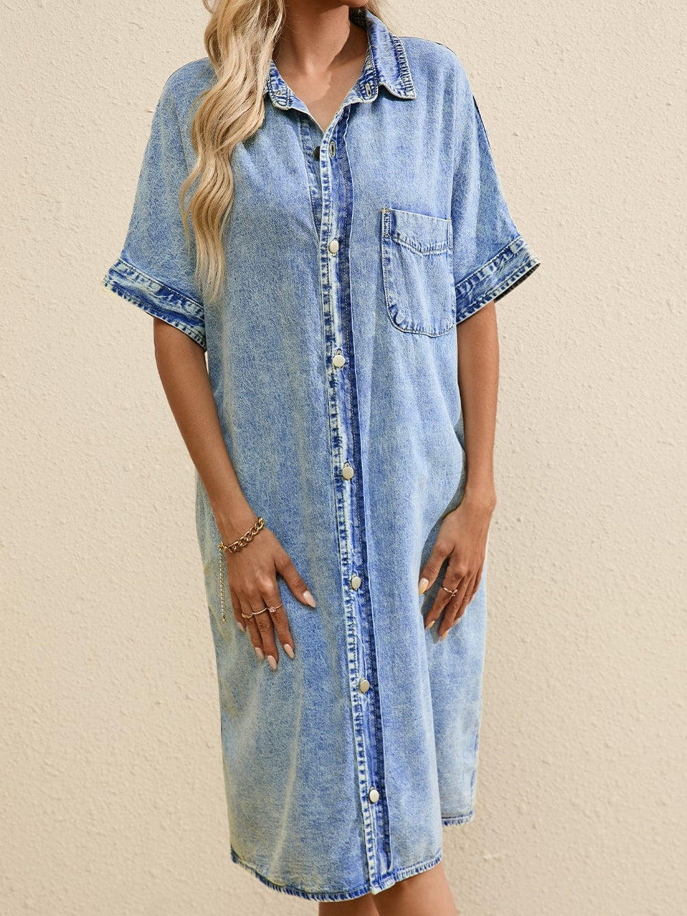 Chambray Denim Midi Dress in Light Blue