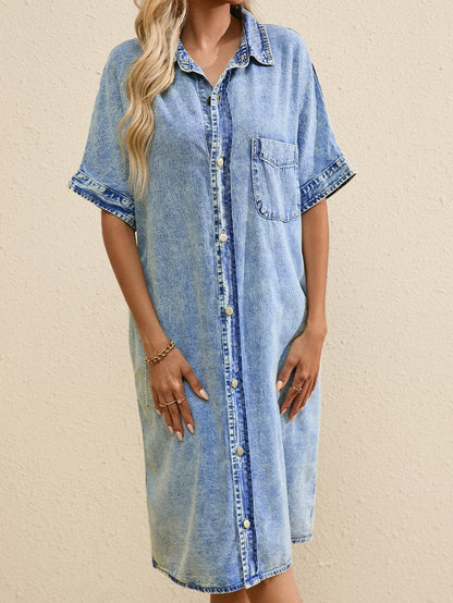 Chambray Denim Midi Dress in Light Blue