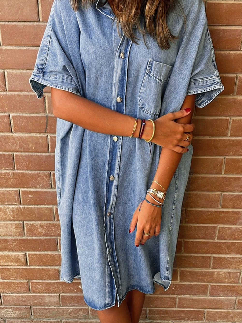 Chambray Denim Midi Dress in Light Blue