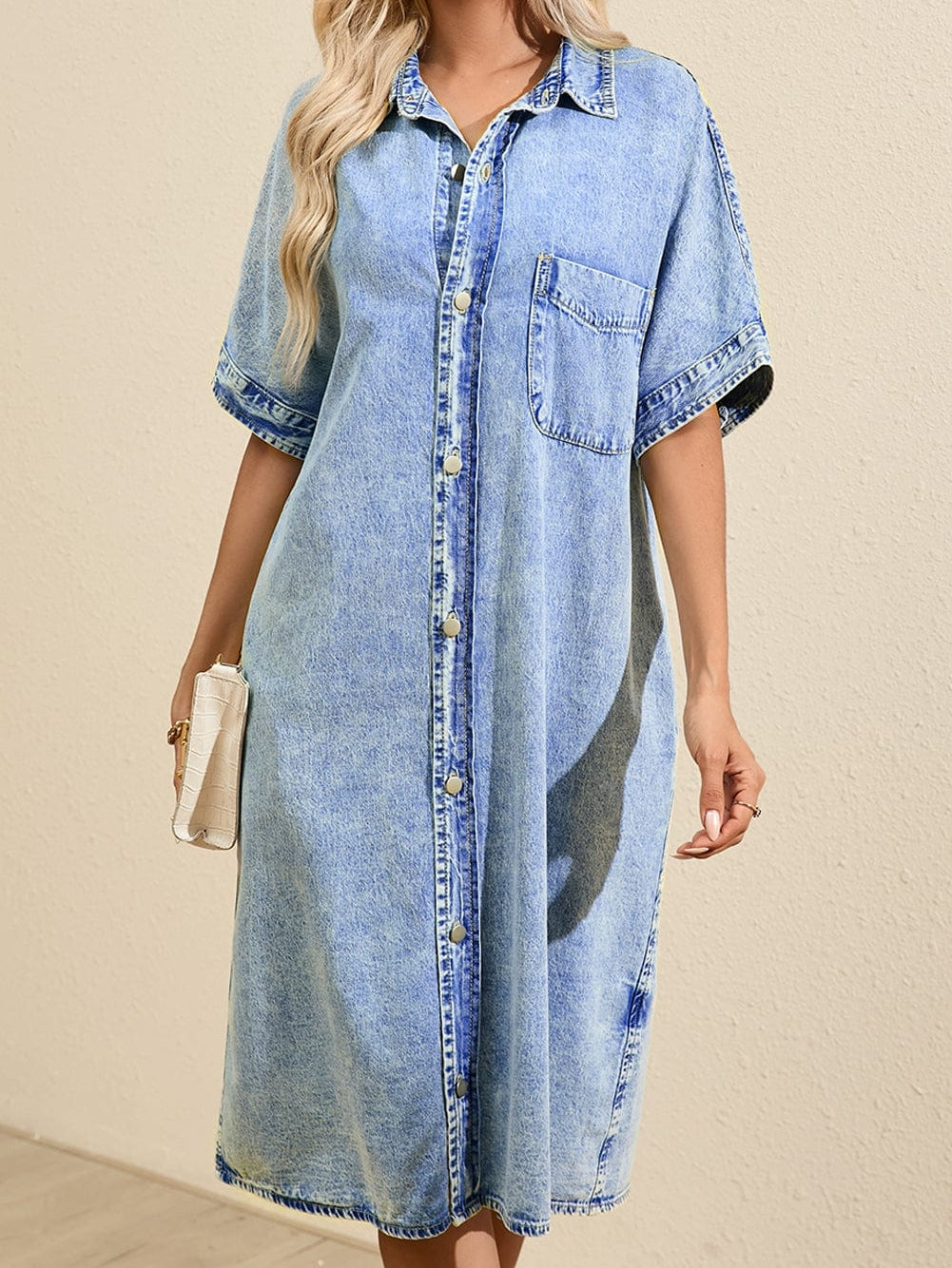 Chambray Denim Midi Dress in Light Blue