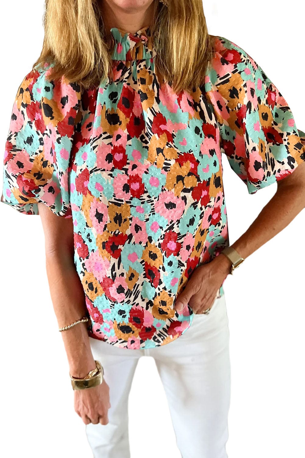 Charming Floral High Neck Frilled Blouse with Button Back