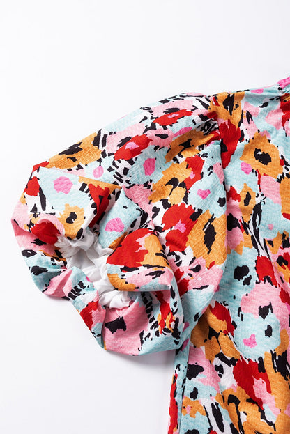 Charming Floral High Neck Frilled Blouse with Button Back