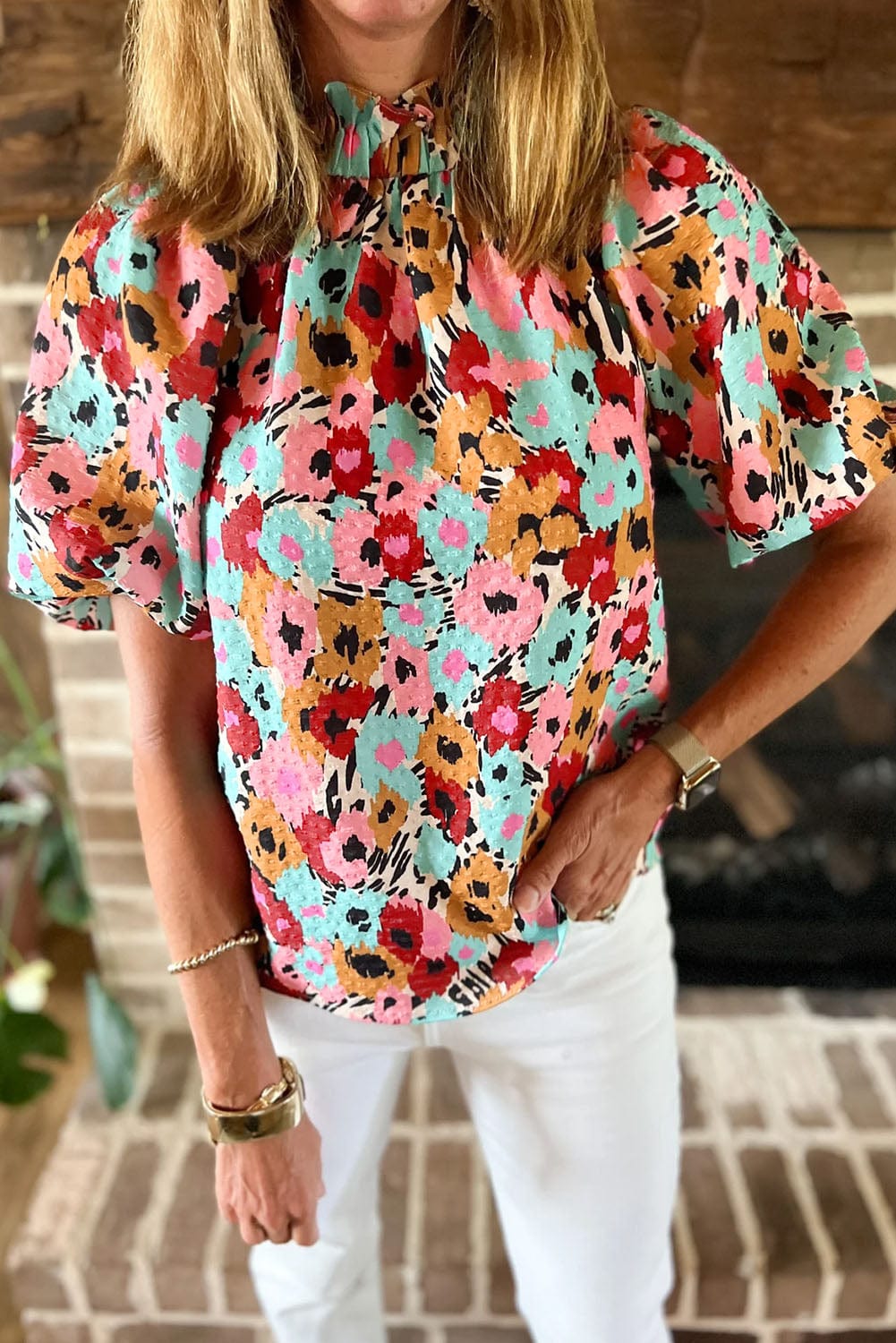 Charming Floral High Neck Frilled Blouse with Button Back