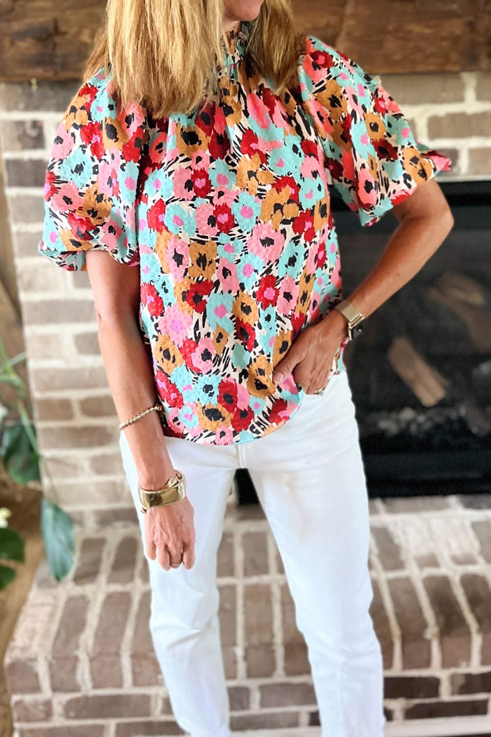 Charming Floral High Neck Frilled Blouse with Button Back