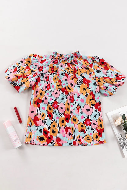 Charming Floral High Neck Frilled Blouse with Button Back
