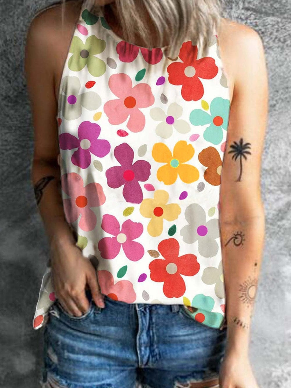 Charming White Floral Sleeveless Top