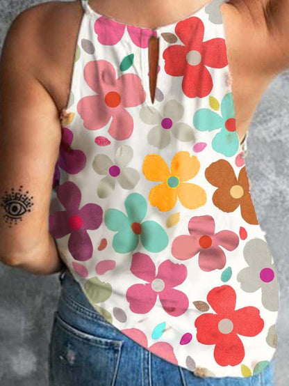 Charming White Floral Sleeveless Top