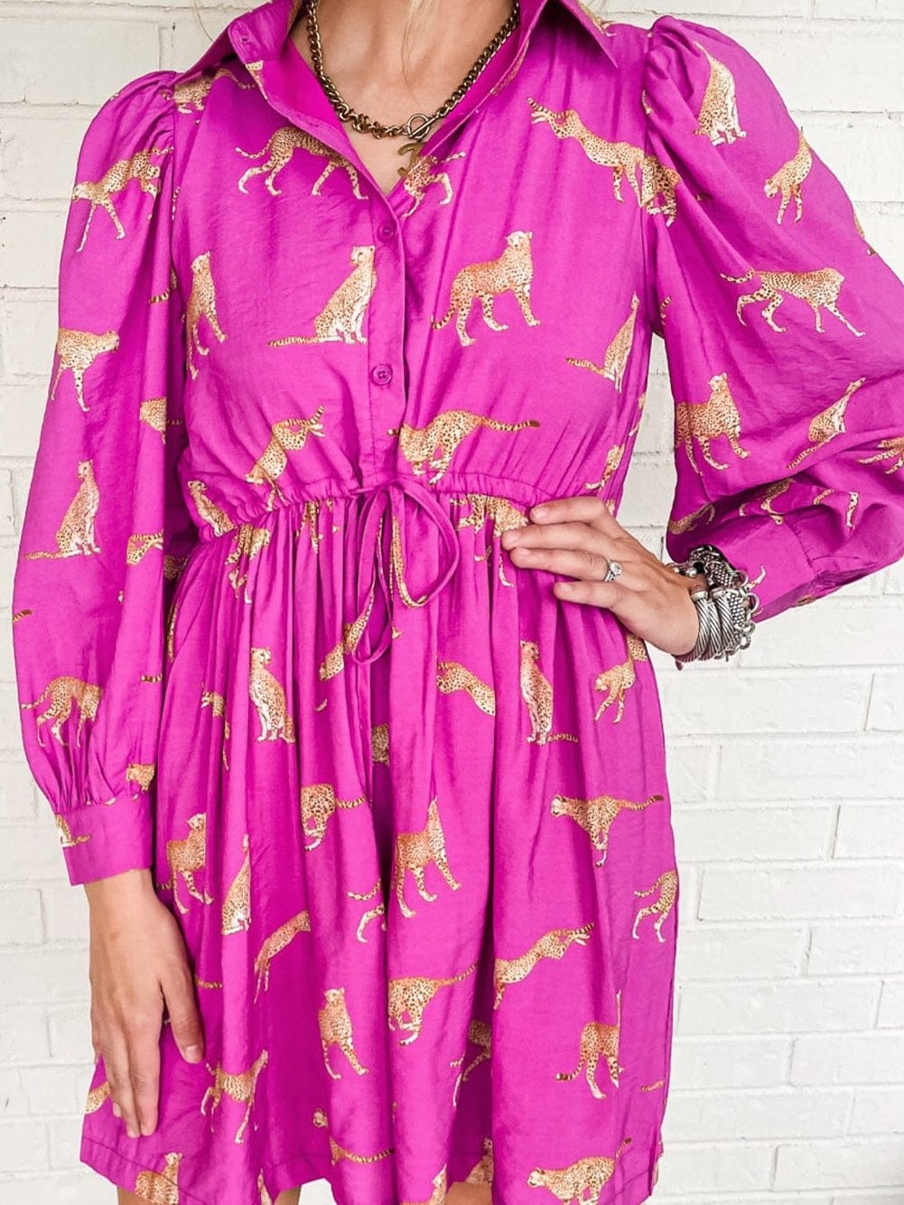 Cheetah Print Rose Drawstring Tunic Dress