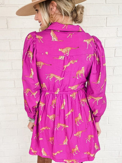 Cheetah Print Rose Drawstring Tunic Dress