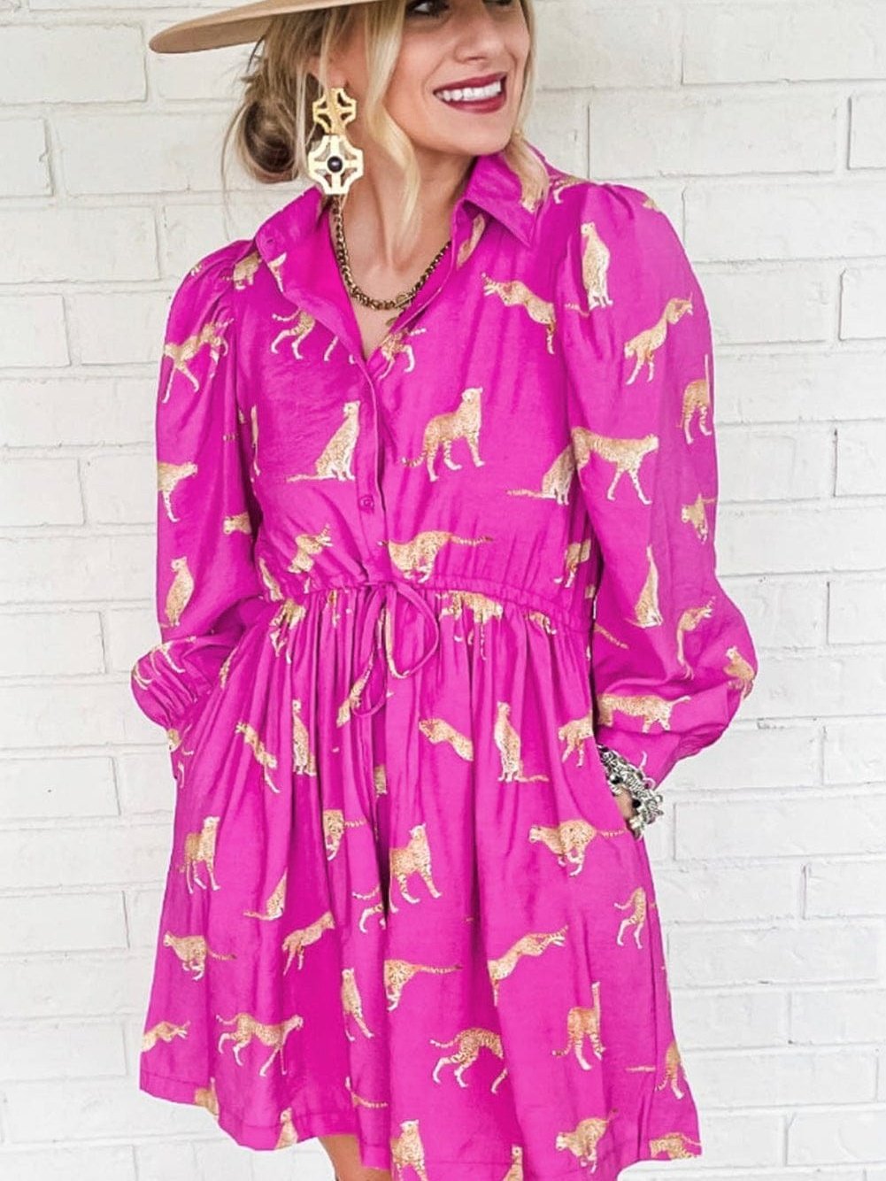 Cheetah Print Rose Drawstring Tunic Dress