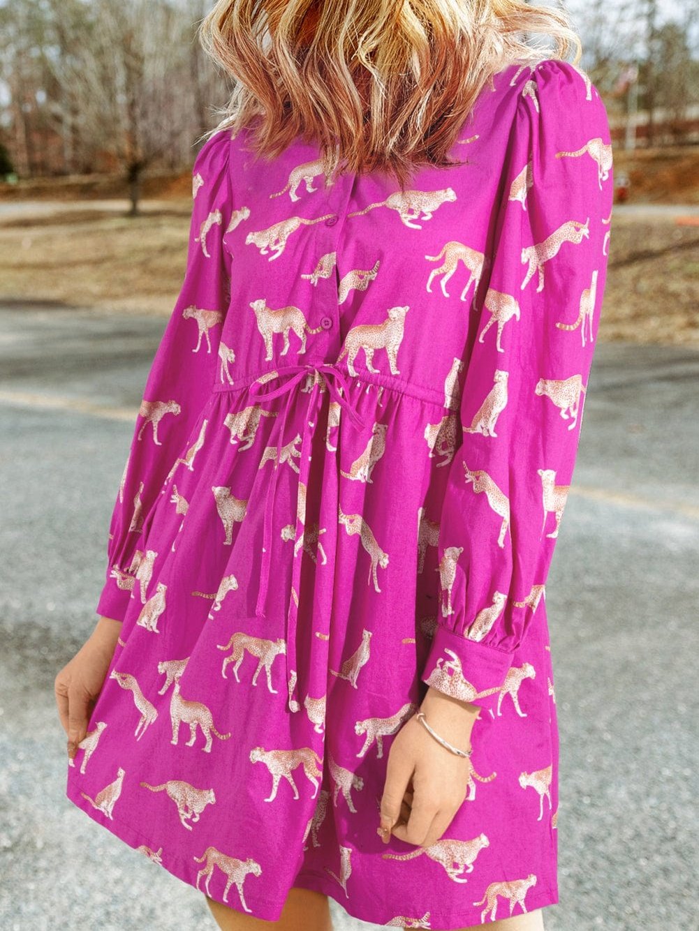 Cheetah Print Rose Drawstring Tunic Dress