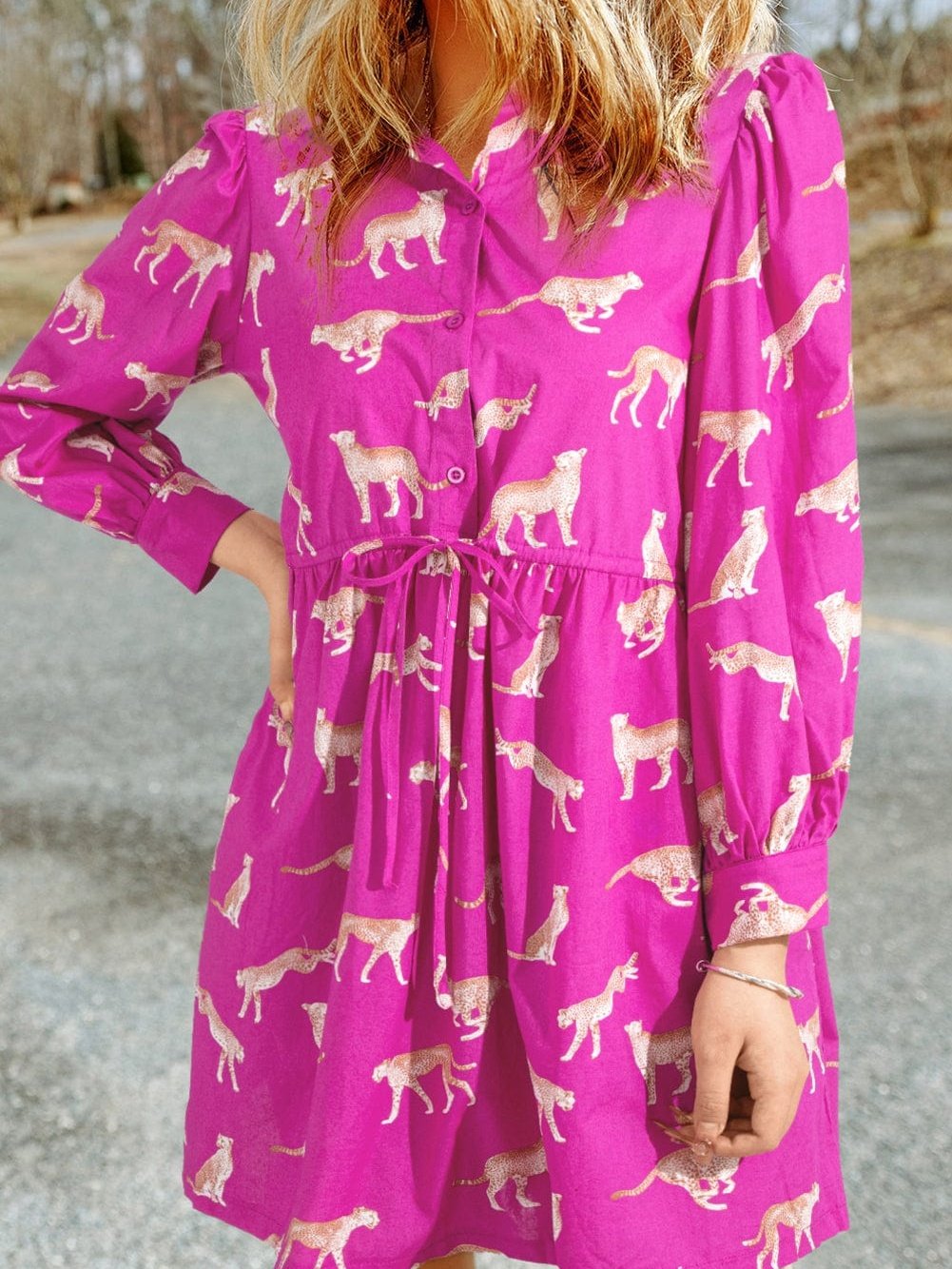 Cheetah Print Rose Drawstring Tunic Dress