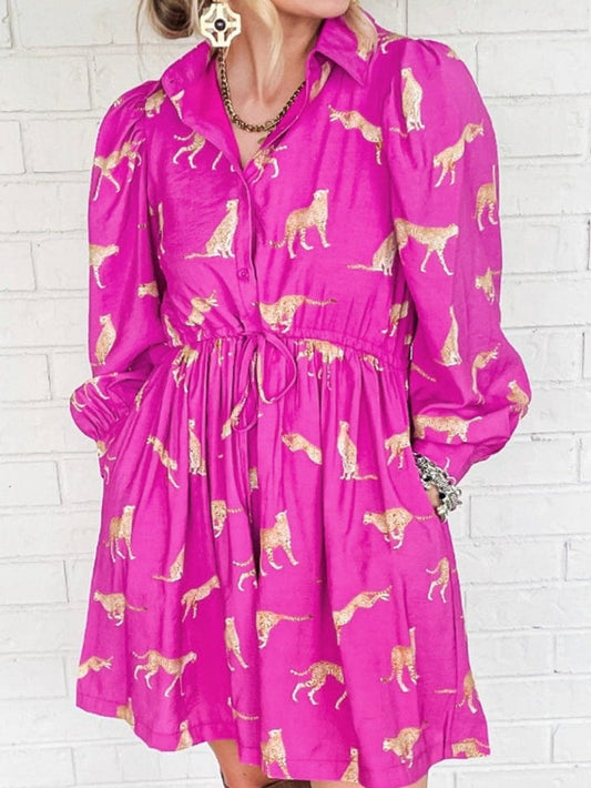 Cheetah Print Rose Drawstring Tunic Dress
