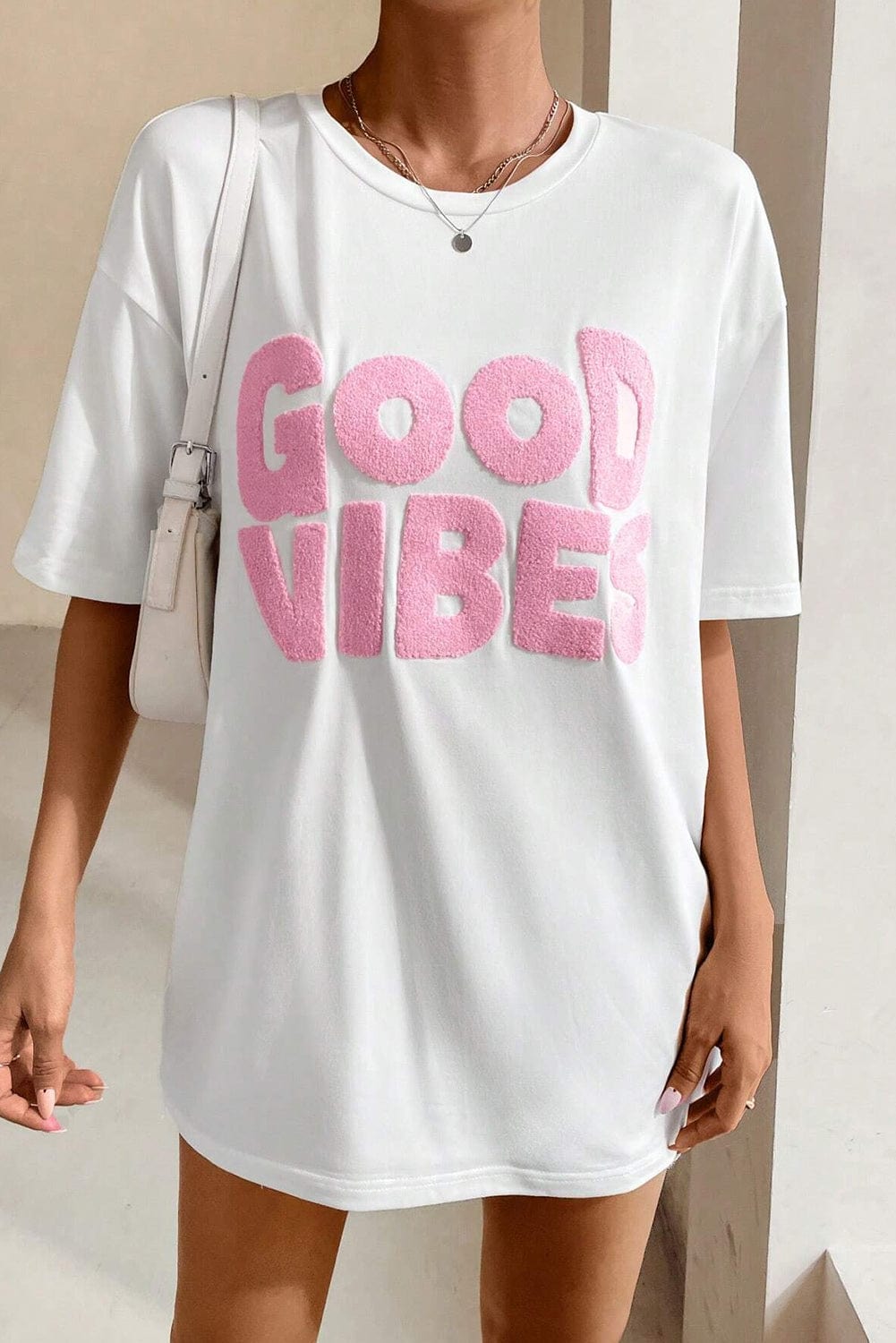 Chenille Good Vibes Embroidered White Crewneck Tee