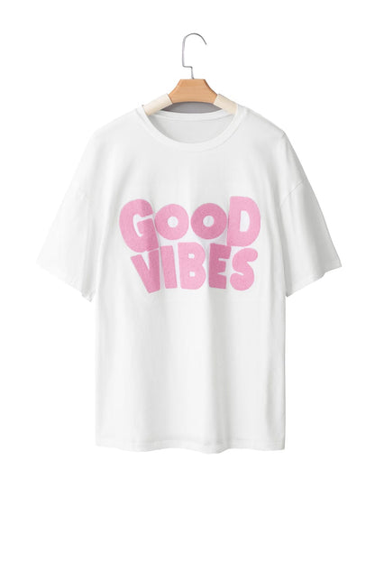 Chenille Good Vibes Embroidered White Crewneck Tee