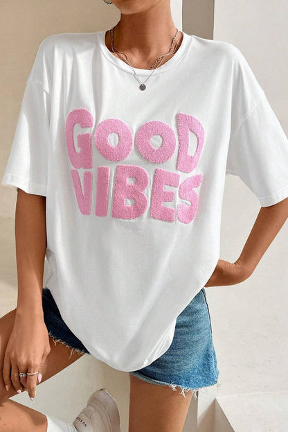 Chenille Good Vibes Embroidered White Crewneck Tee