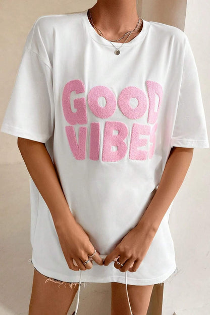 Chenille Good Vibes Embroidered White Crewneck Tee