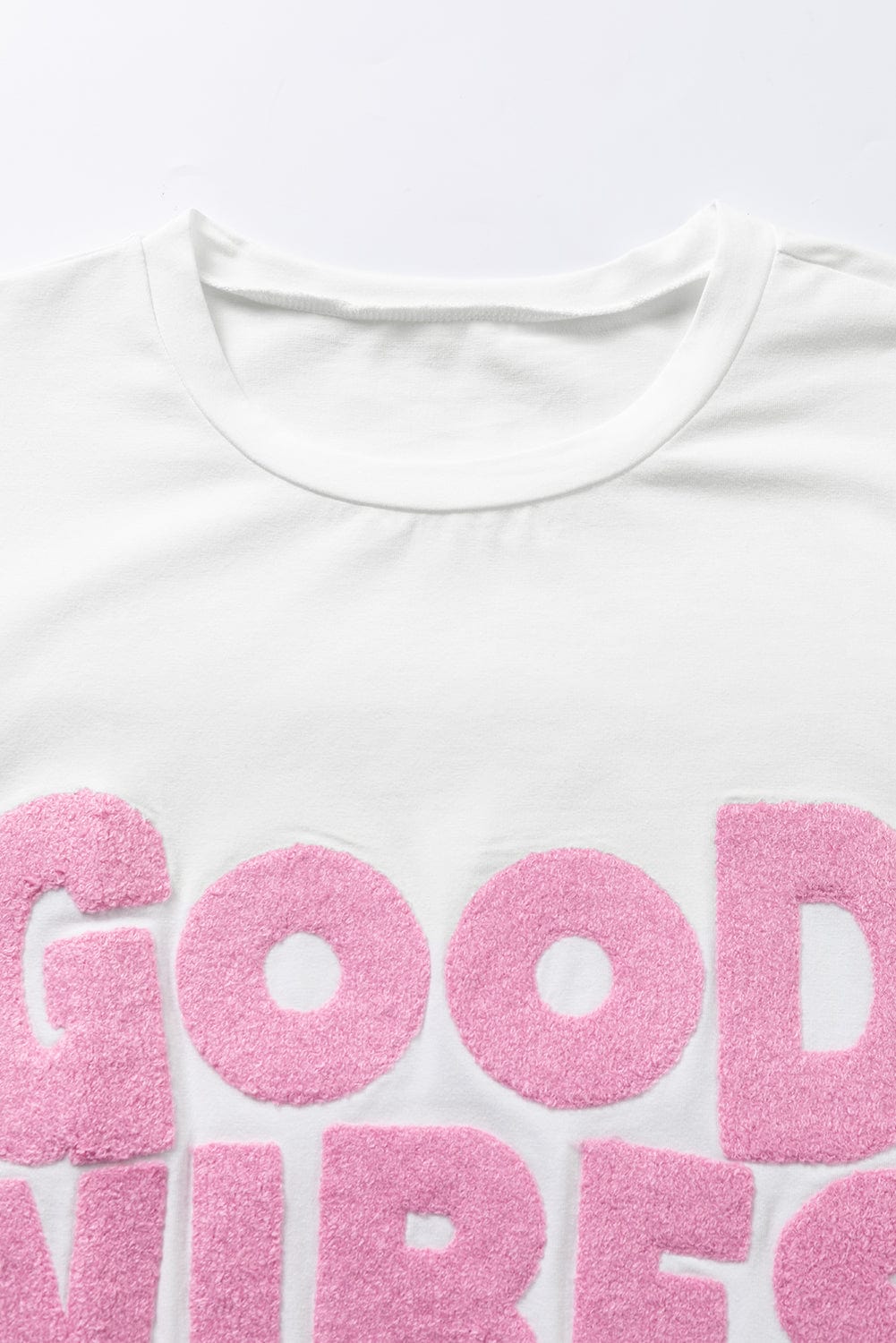 Chenille Good Vibes Embroidered White Crewneck Tee