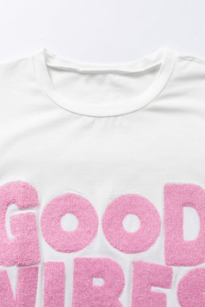 Chenille Good Vibes Embroidered White Crewneck Tee