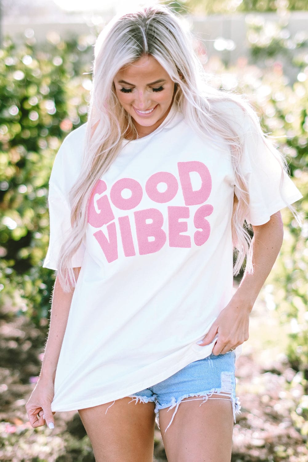 Chenille Good Vibes Embroidered White Crewneck Tee