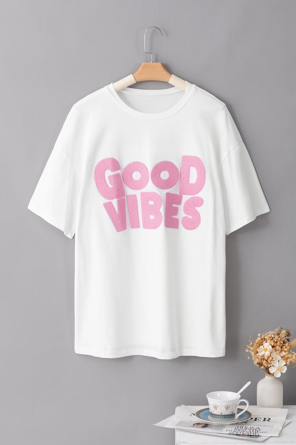 Chenille Good Vibes Embroidered White Crewneck Tee