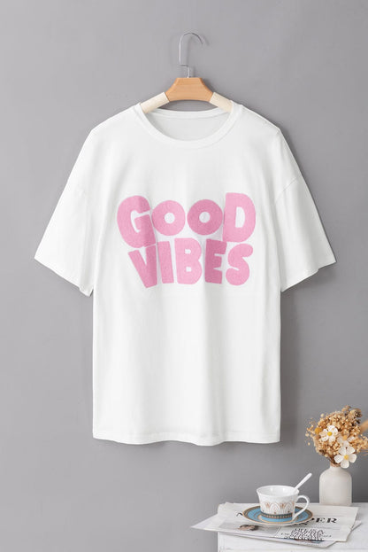 Chenille Good Vibes Embroidered White Crewneck Tee