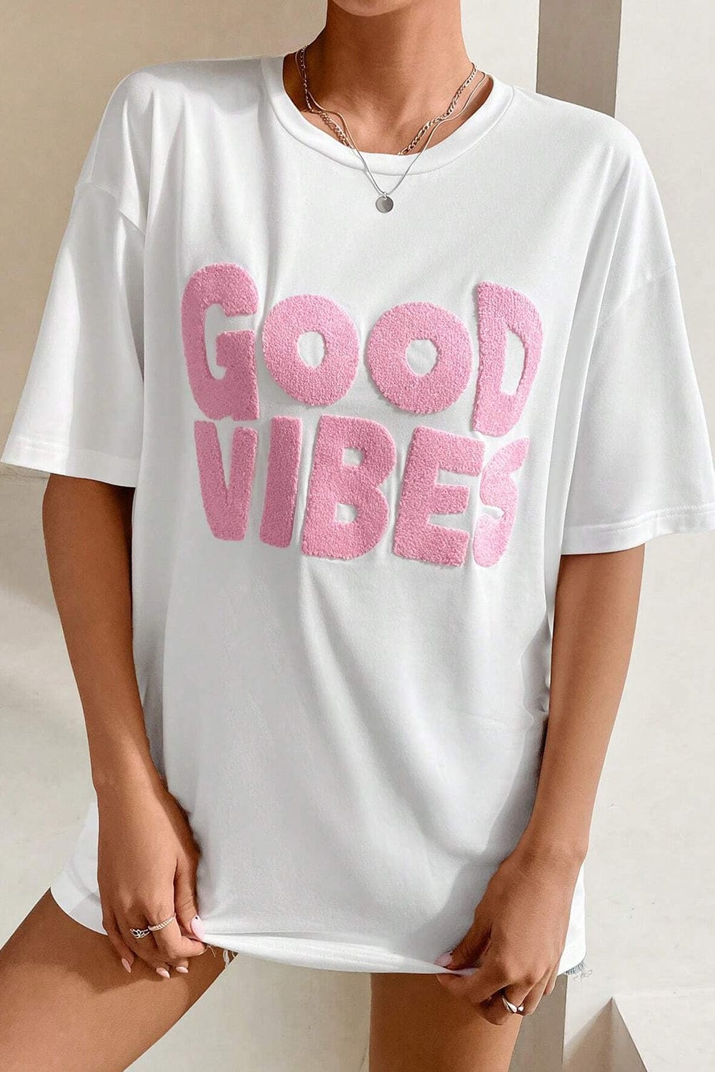 Chenille Good Vibes Embroidered White Crewneck Tee