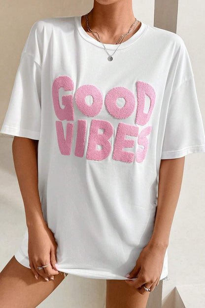 Chenille Good Vibes Embroidered White Crewneck Tee