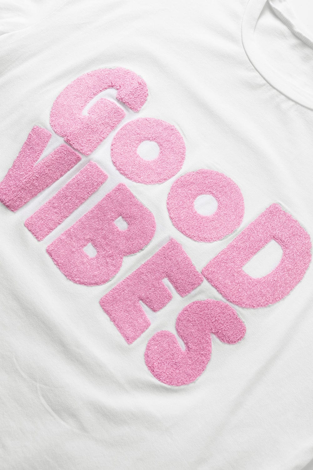 Chenille Good Vibes Embroidered White Crewneck Tee