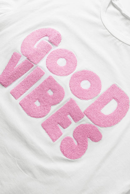 Chenille Good Vibes Embroidered White Crewneck Tee