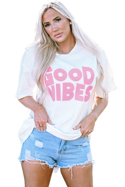 Chenille Good Vibes Embroidered White Crewneck Tee
