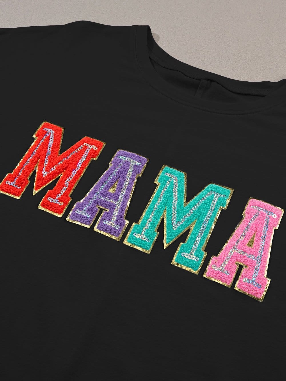 Chenille Mama Black Crew Neck Tee