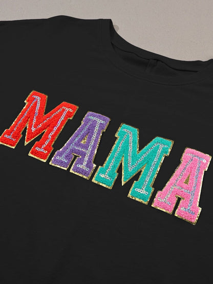 Chenille Mama Black Crew Neck Tee