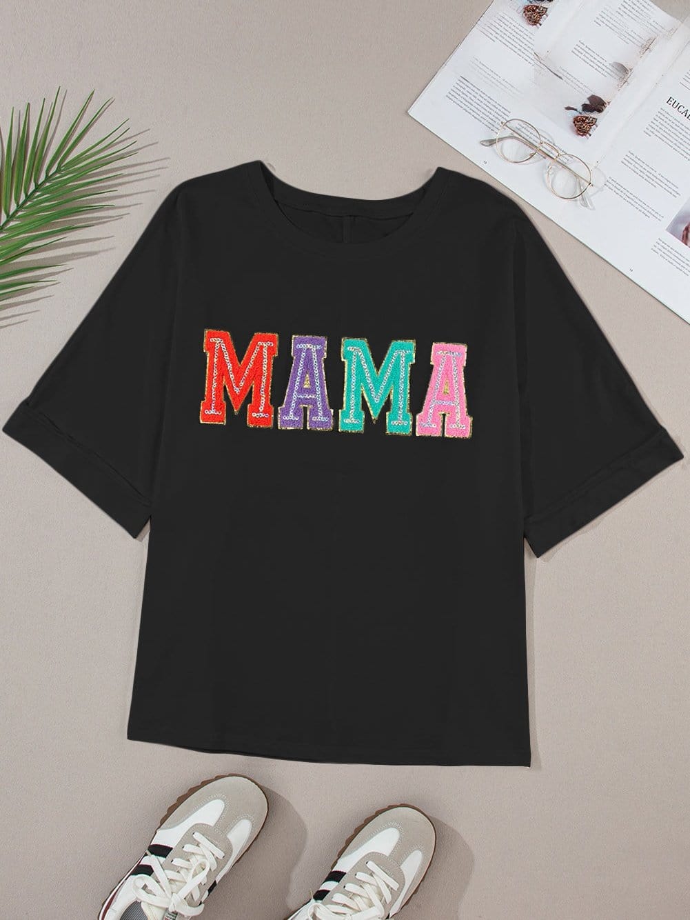 Chenille Mama Black Crew Neck Tee