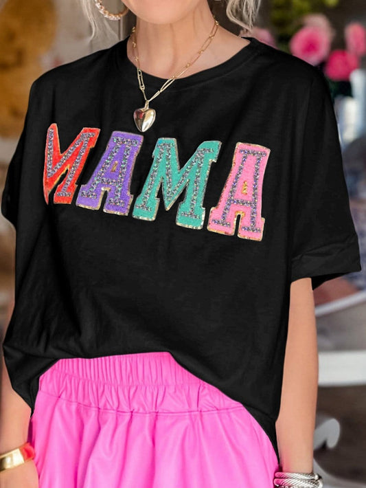 Chenille Mama Black Crew Neck Tee