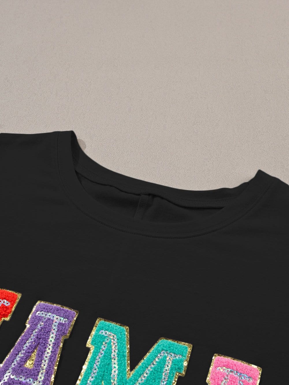 Chenille Mama Black Crew Neck Tee