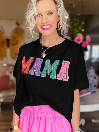 Chenille Mama Black Crew Neck Tee