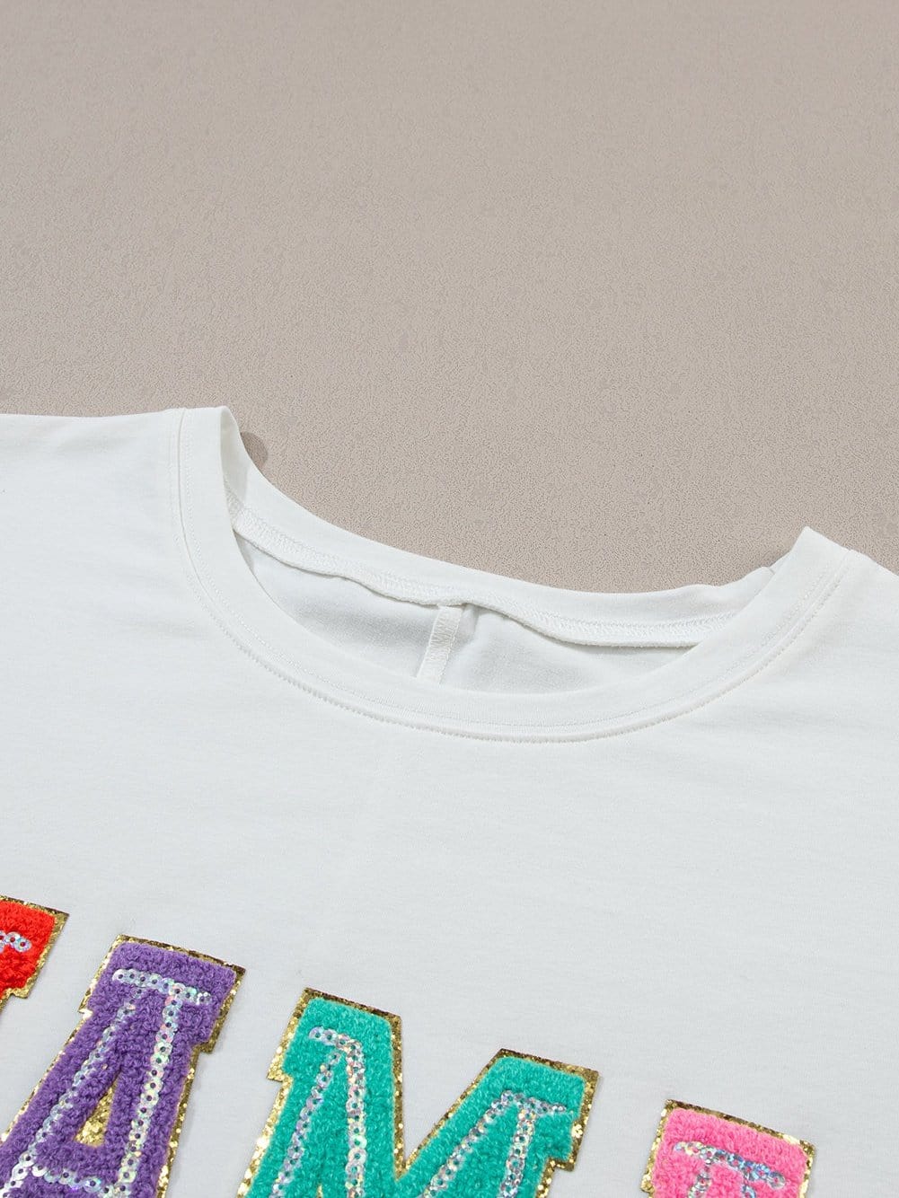 Chenille Mama Patched White Crew Neck T-Shirt