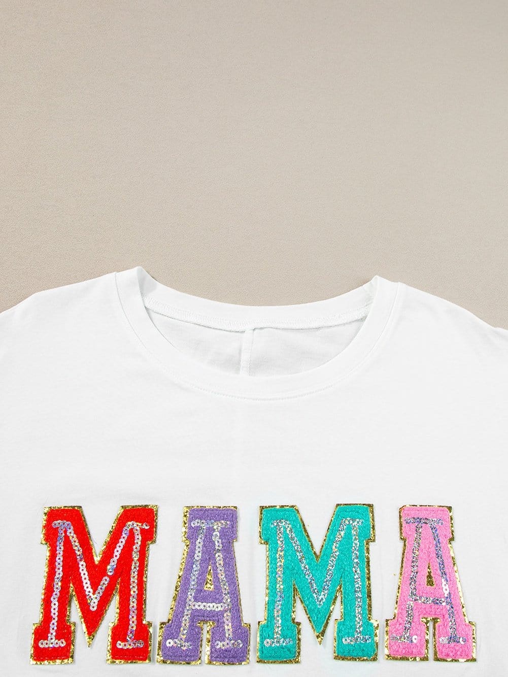 Chenille Mama Patched White Crew Neck T-Shirt