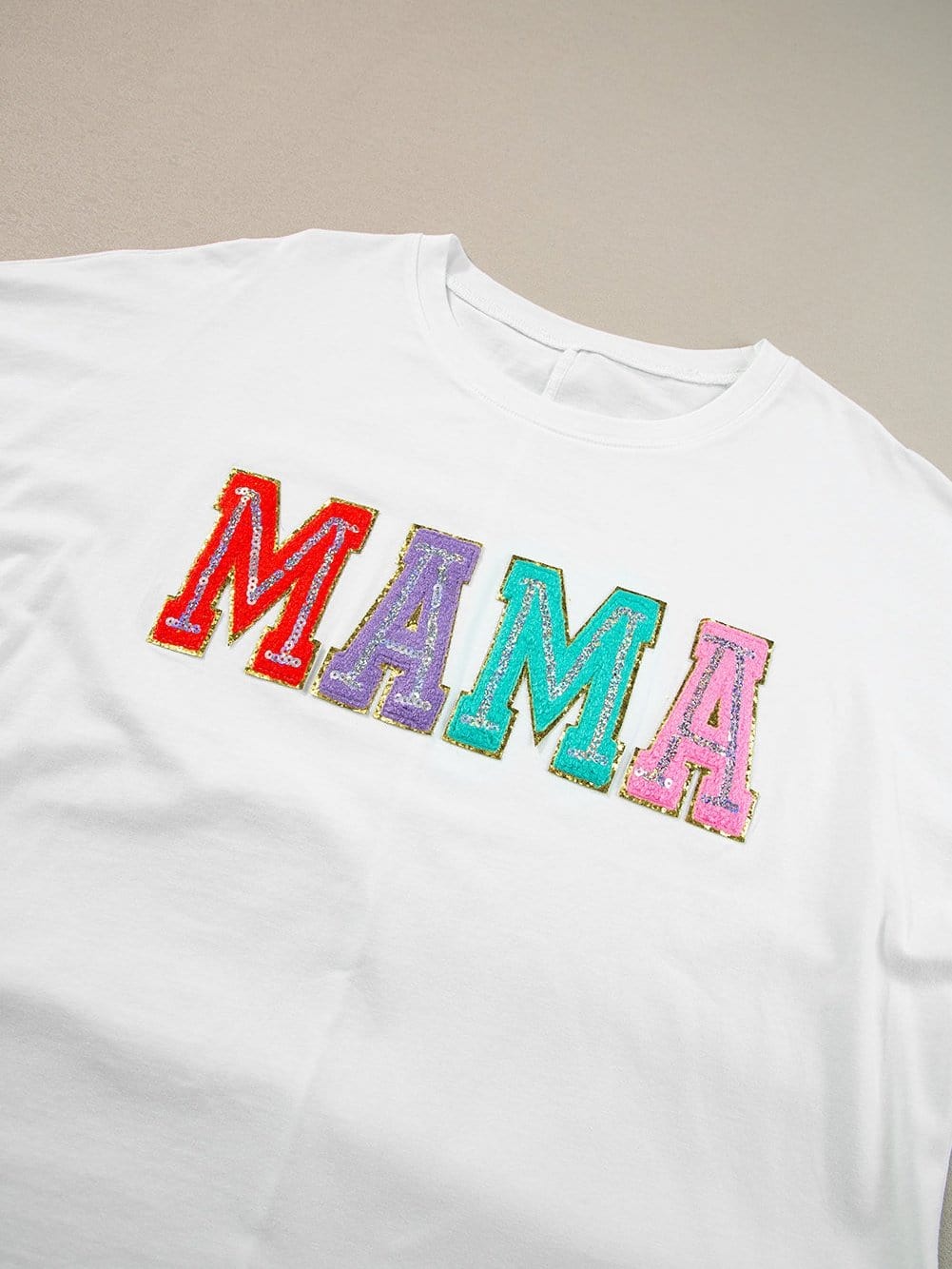 Chenille Mama Patched White Crew Neck T-Shirt