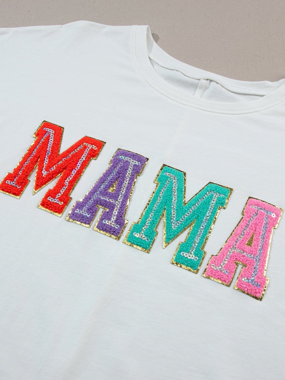 Chenille Mama Patched White Crew Neck T-Shirt
